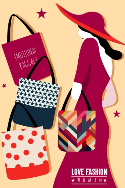 icône de mode modèle féminin de divers types de sacs de publicité