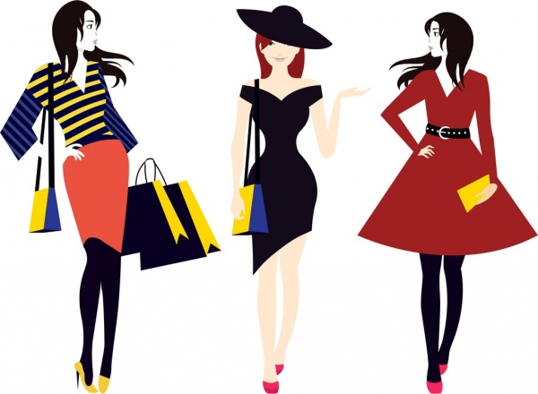 Fashionable Women Icons Colored Cartoon Design vector Icon free Vector 