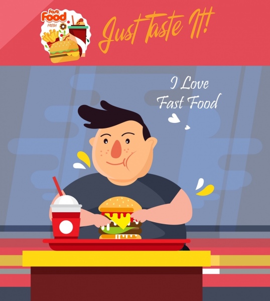 男のアイコン色漫画を食べるファーストフードの広告