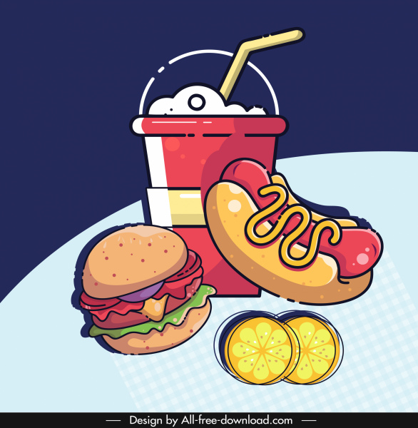 Latar belakang iklan makanan cepat saji berwarna-warni datar retro handdrawn