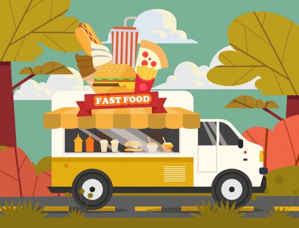 фастфуд реклама баннер грузовик бургеры хот-дог иконки