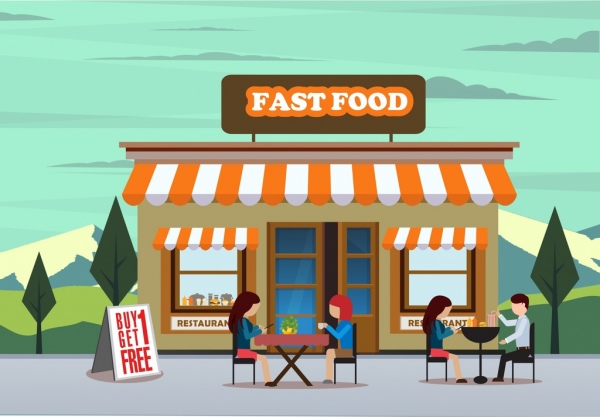 il fast food pubblicità disegno negozio outdoor clienti icone