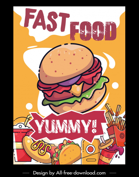 fast food reklam posteri renkli retro handdrawn eskiz