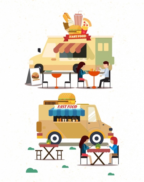 Fast Food Advertising Truck invitados los iconos de dibujos animados de colores