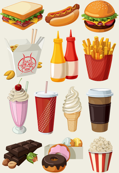 Fast-food e chocolate com sorvete de vetor ícones