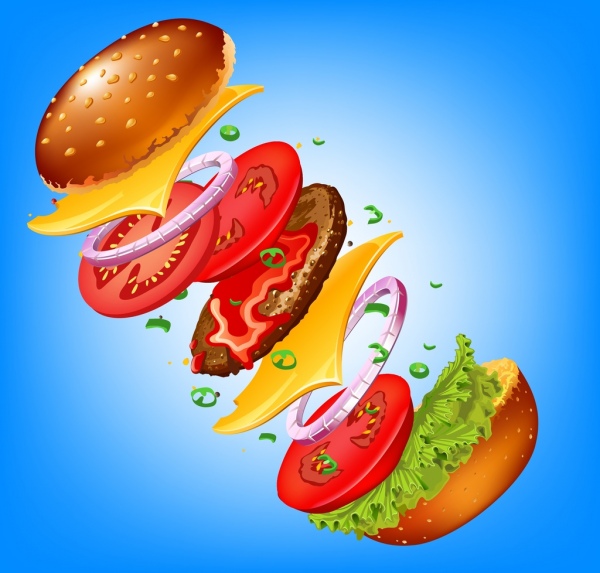 farbige 3d Hamburger Komponentensymbol Fast-Food-Hintergrund