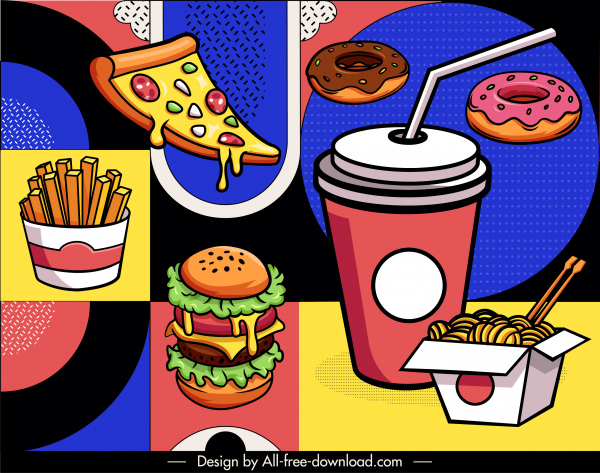 Latar belakang makanan cepat saji warna-warni sketsa klasik