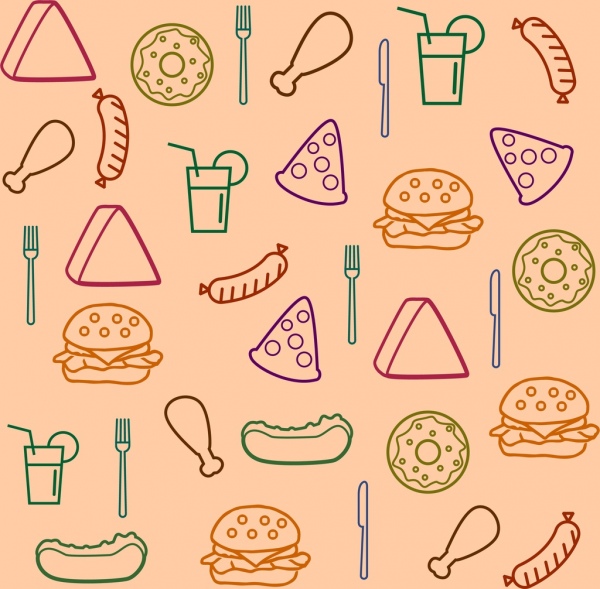 Fast-Food Hintergrund verschiedene Symbole Skizze Design zu wiederholen