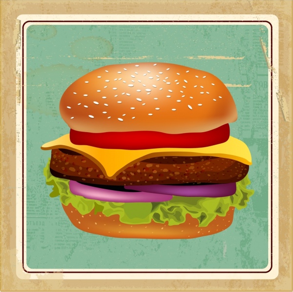 速食背景3D彩色漢堡復古風格
