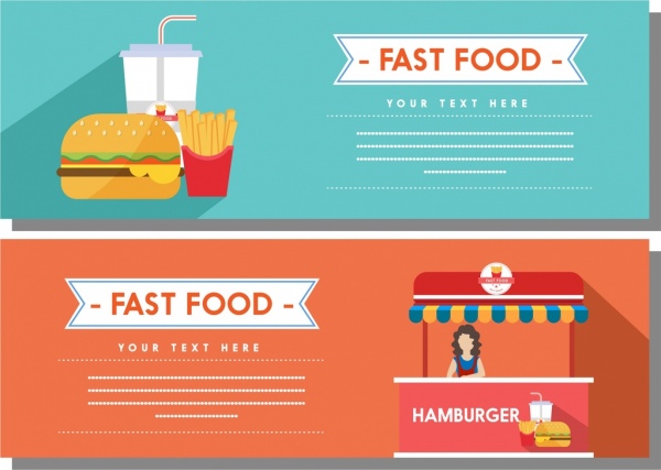 Bandeira de fast-food define decoração de loja de alimentos coloridos