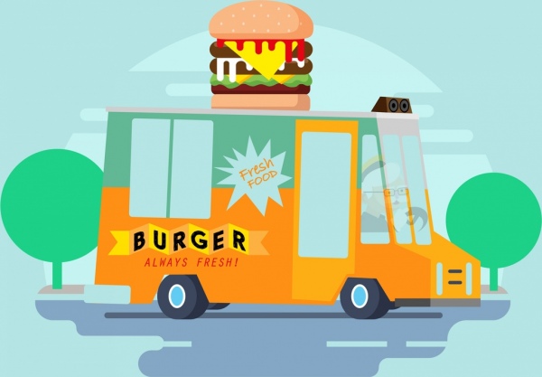 Fast Food แบนเนอร์รถบรรทุกแฮมเบอร์เกอร์ไอคอนการออกแบบการ์ตูน