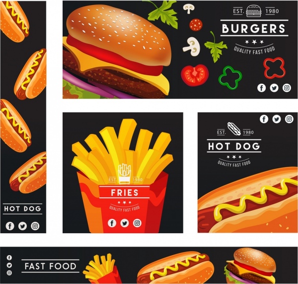 Fast food banery zestawy kolorowe 3d ikony stylu