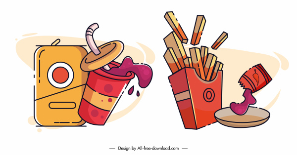 elementos de diseño de comida rápida clásico dinámico dibujado a mano boceto