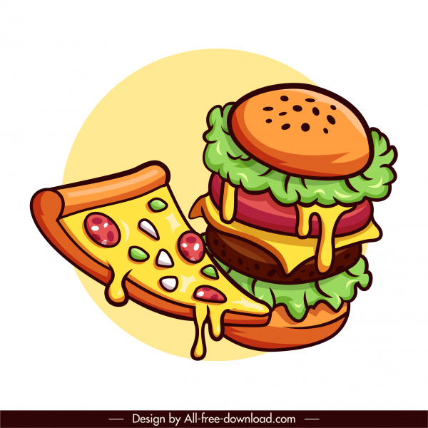 elementos de diseño de comida rápida clásico pizza hamburguesa boceto