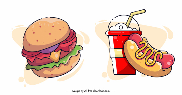 elementos de diseño de comida rápida colorido clásico dibujado a mano boceto