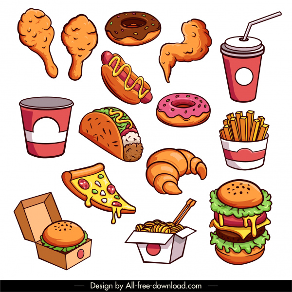 Elemen desain makanan cepat saji warna-warni sketsa digambar tangan klasik