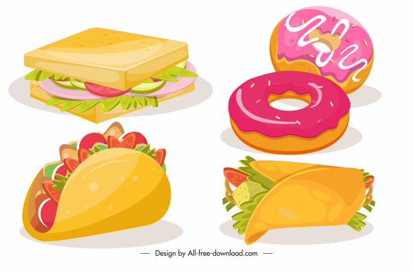 elemen desain makanan cepat saji sketsa 3d berwarna-warni