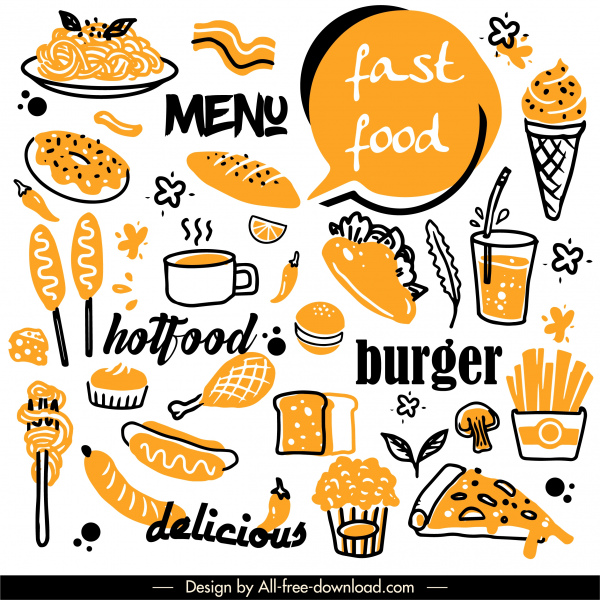 elementos de diseño de comida rápida retro dibujado a mano boceto