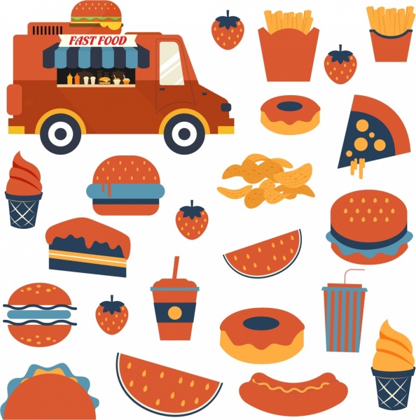 elementos de diseño de la comida rápida del carro hamburguesa chips los iconos