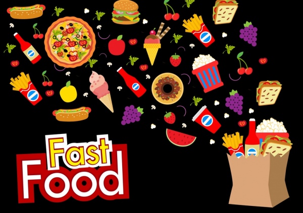 vários ícones de comida flutuante dos elementos de design do fast-food