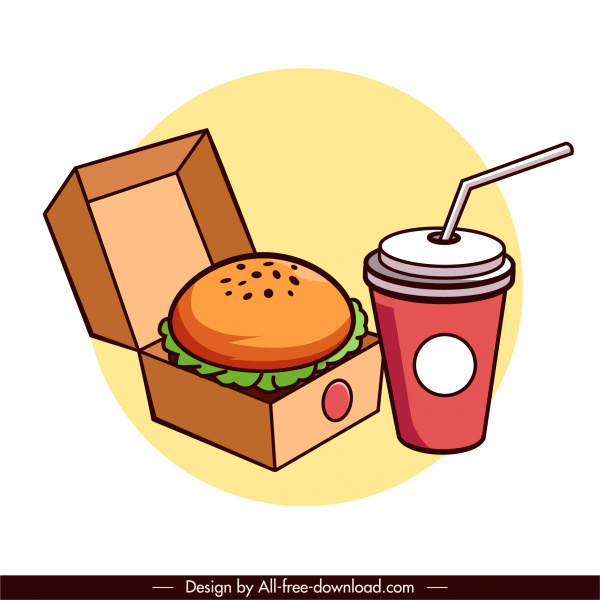 icono de comida rápida hamburguesa bebida boceto colorido clásico