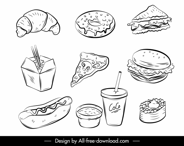 fast food ikony czarny biały ręcznie rysowany szkic