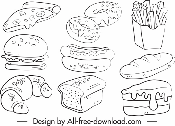 iconos de comida rápida blanco negro dibujado a mano bosquejo