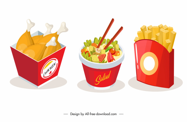 iconos de comida rápida pollos chips ensalada sketch