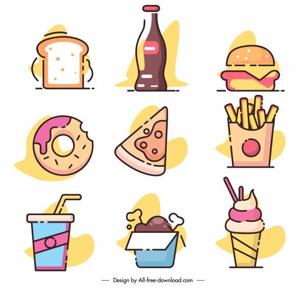 ícones de fast food design colorido esboço plano clássico