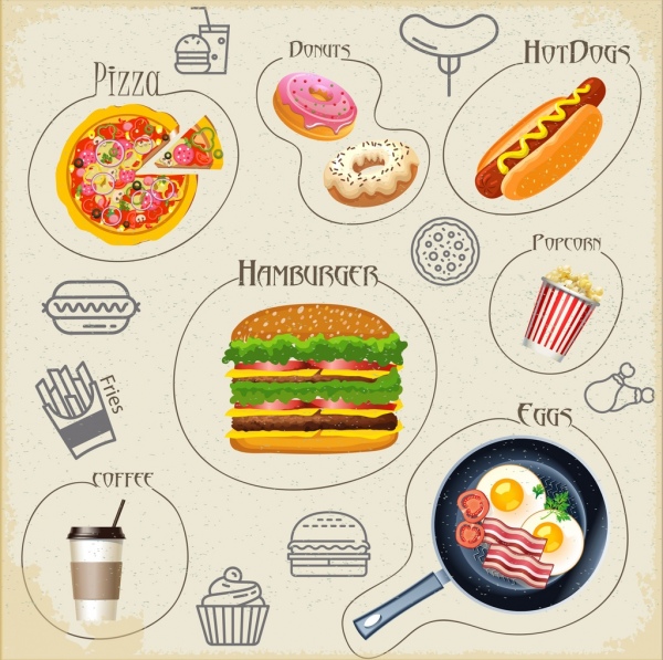 coleção de ícones de fast-food multicolorida símbolos isolamento