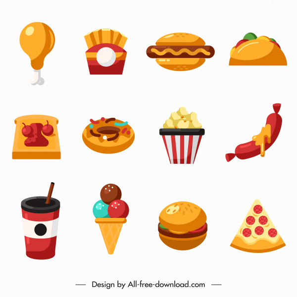 ikony fast food kolorowe płaski szkic