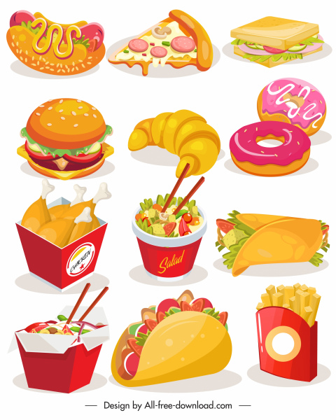 iconos de comida rápida colorido boceto en 3D