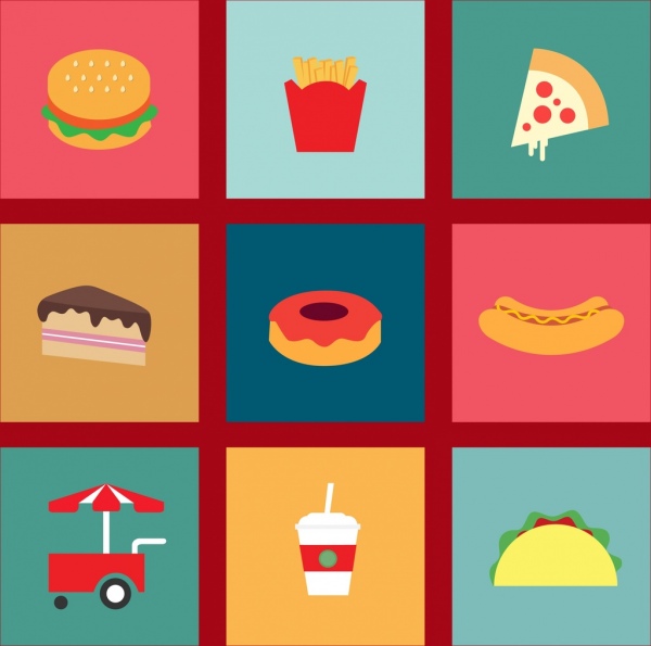 элементы дизайна иконок быстрого питания, различные красочные символы