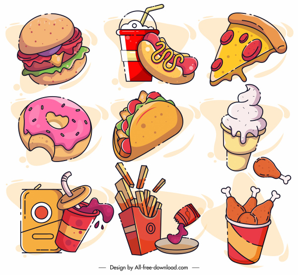 iconos de comida rápida dinámico colorido clásico dibujado a mano boceto
