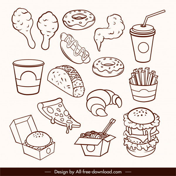 iconos de comida rápida dibujados a mano boceto