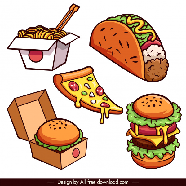 ikon makanan cepat saji digambar tangan hamburger pizza noodle sketsa