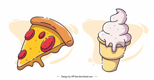 ícones de fast food sorvete pizza esboço de sorvete