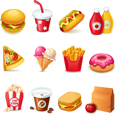 makanan cepat saji ikon set vektor grafis