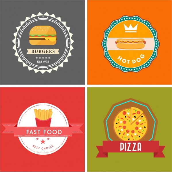 Fast Food logo establece circulos dentada cinta adorno