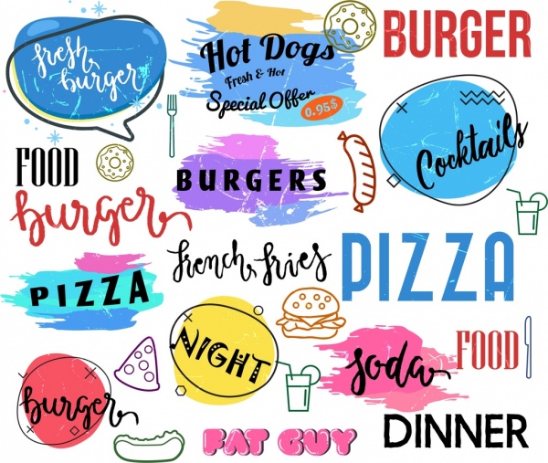 comida rápida logotipos grunge colorido handdrawn decoración