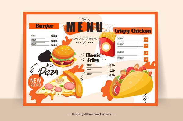 modelo de menu fast food brilhante decoração clássica colorida