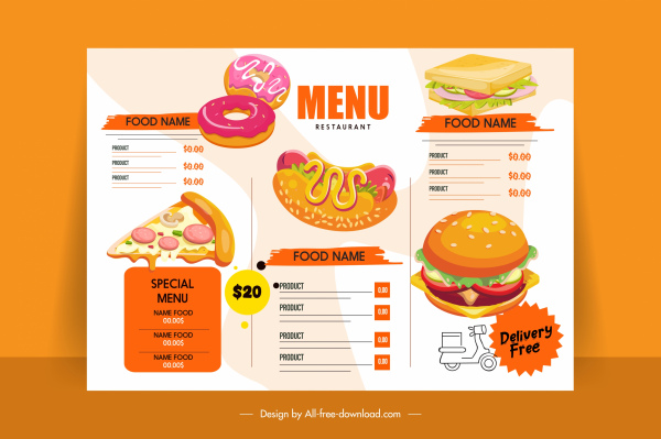 modelo de menu fast food decoração colorida brilhante