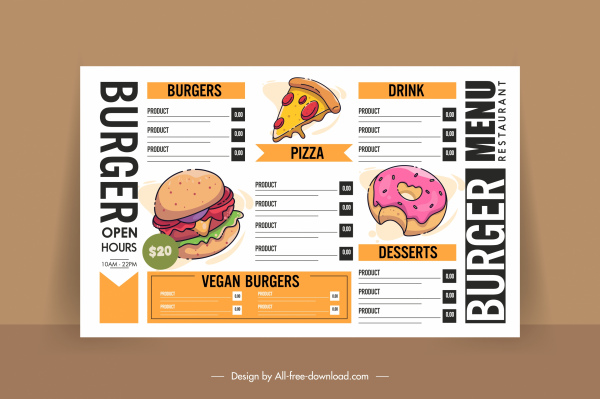 Fast-Food-Menüvorlage klassische handgezeichnete Skizze