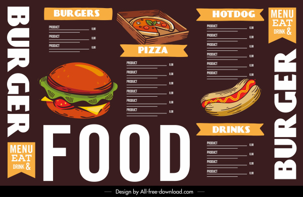 Fast food menu modello colorato arredamento classico
