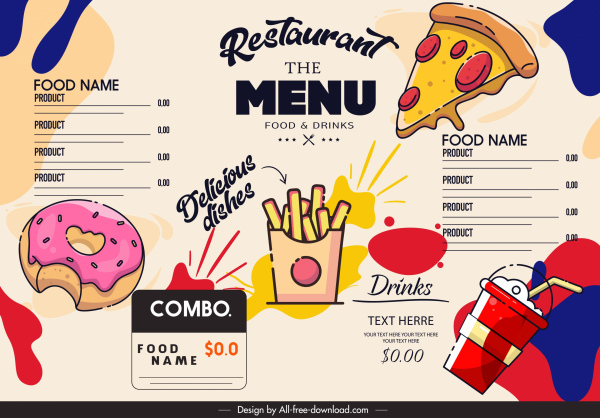 template menu makanan cepat saji desain klasik berwarna-warni