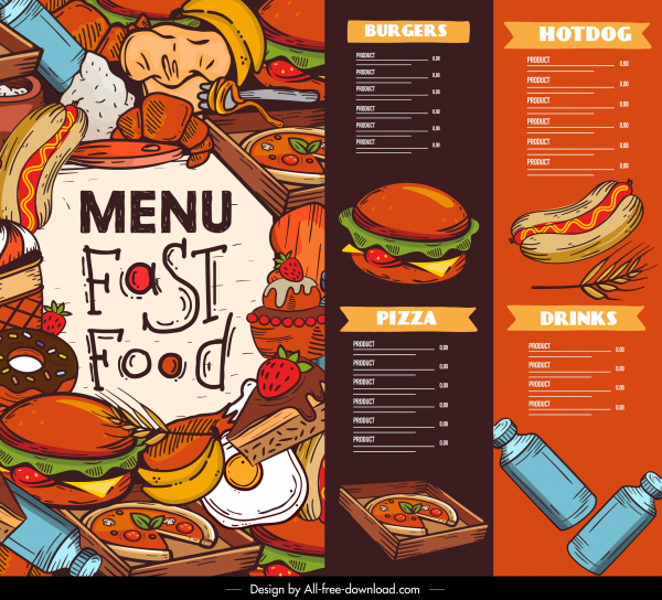 Fast-food menu modelo colorido desarrumado decoração clássica