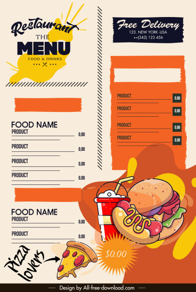 template menu makanan cepat saji warna-warni desain retro