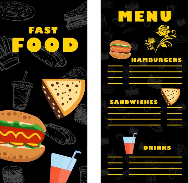 Desain kontras template menu makanan cepat saji di gelap