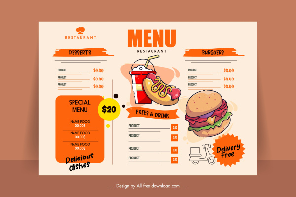 modelo de menu fast food flat handdrawn design retrô