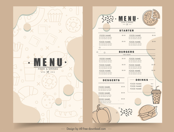 template menu makanan cepat saji datar digambar sketsa